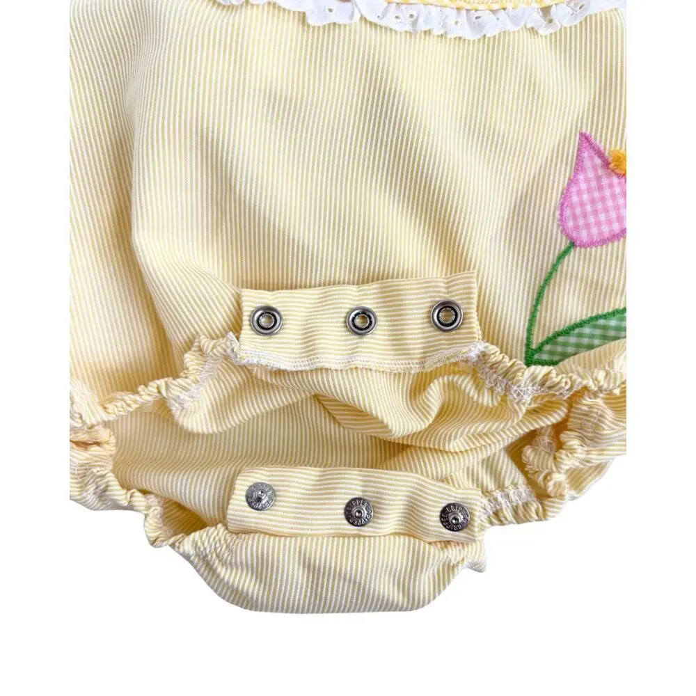 Vintage Baby Girl Yellow Seersucker Bubble Romper Floral Appliqué Spring Sunsuit